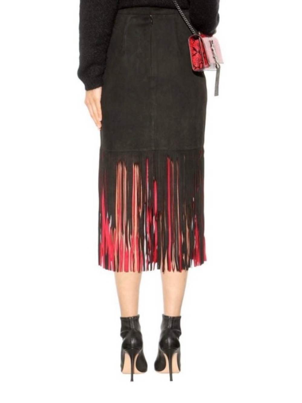 NWT Tamara Mellon Goat Suede w/ Two-Tone Black and Red Fringe Midi Skirt size 0 - Picture 3 of 9